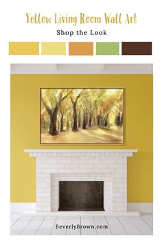 the yellow living room wall art is displayed in an empty room with white brick fireplace