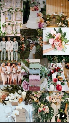 a collage of wedding photos with flowers and greenery