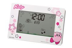 a digital clock with pink stars and cartoon characters on it's face, sitting in front of a white background