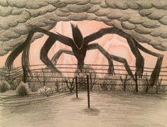 a drawing of a large spider crawling over a fence