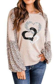 Leopard Heart Color Block Long Sleeve Pullover Trendy Heart Graphic Sweater For Fall, Oversized Long Sleeve Top With Heart Graphic, Oversized Heart Print Casual Tops, Cute Beige Winter Tops, Casual Oversized Heart Print Tops, Winter Heart Print Tops, Cute Heart Print Tops For Winter, Oversized Heart Print Sweater For Fall, Trendy Long Sleeve Top With Heart Print