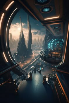 the futuristic city is seen through a circular window in this scene from star trek into space