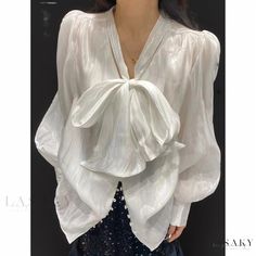 Lasaky - Irregular Design Bow Knot Shirt with Belted Silhouette Long Denim Coat, Knot Shirt, Bow Tie Shirt, Silk Blouses, Spring Fabric, Cardigan Outfits, Style Cardigan, Chiffon Shirt, Silk Shirt