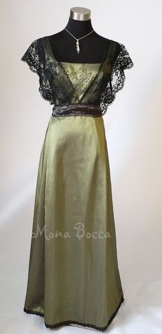 Edwardian Dress plus size handmade in England olive by MonaBocca Edwardian Formal Dress, Victorian Era Evening Gown, 1910s Evening Dress, Historical Womens Fashion, Sage Green Vintage Dress, Titanic Era Fashion, Vintage Green Dress With Historical Design, Green Vintage Dress With Historical Design, Elegant Olive Dress For Formal Occasions