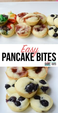 an easy pancake bites recipe with blueberries and strawberries on the top is shown