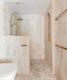 a bathroom with a white toilet sitting next to a walk in shower