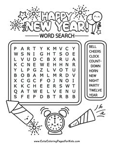 the new year word search is shown in this printable coloring page for children to color