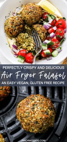 an air fryer filled with meat patties and veggies next to a bowl of salad