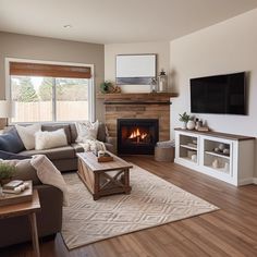 a living room filled with furniture and a flat screen tv mounted on the wall above a fire place