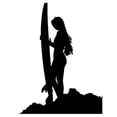 a woman holding a surfboard while standing on top of a hill silhouetted against a white background