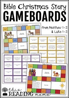 the bible christmas story gameboard is shown in three different colors and sizes, with text below