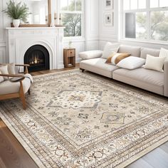 a living room filled with furniture and a large rug on top of a hard wood floor