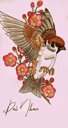 a drawing of a bird with flowers on it's back and its wings spread