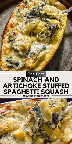 spinach and artichoke stuffed spaghetti squash on a plate with text overlay