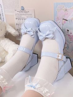 This price is for a pair of mary janes only.   	 		 			Size 			34 			35 			36 			37 			38 			39 			40 		 		 			Foot Length 			22 			22.5 			23 			23.5 			24 			24.5 			25 Pairing Shoes With Outfits, White And Purple Shoes, Old Fashioned Shoes, Cute Blue Shoes, Kawaii Green Graphic Print Tops, Cute Fairycore Shoes, Pastel Mary Janes, Cute Mary Janes, Blue Mary Janes