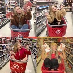 two women are sitting in shopping carts and one is on her cell phone while the other holds