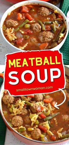 two bowls filled with meatball soup on top of a green table cloth next to a red sign that says meatball soup