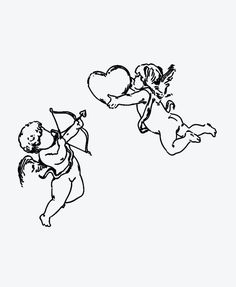 two cherubs with bow and arrow in their hands, one holding a heart