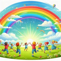 children playing in the park with rainbows and clouds behind them illustration by person, via photo sharing website