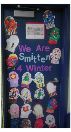 a door decorated with many different hats and mittens on it's front side