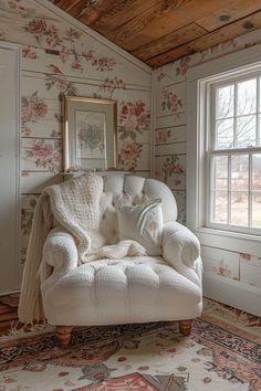 a white chair sitting in front of a window