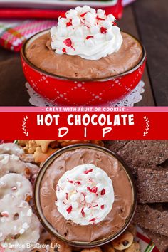 hot chocolate dip with whipped cream and sprinkles in a red bowl next to cookies