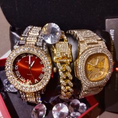 Two Watches & One Bracelet High-End Prototypes & Wholesale Prices. Real Lab Diamonds & Real Gold 4x's Over No Tarnishing Stainless Steel. Jewelers Offer Similar Lab Diamond Pieces For $400-$1k+ ... Real Diamonds, But They’re Not Worth Much Because They've Been Produced In The Lab. Vvs Clarity. They Look Identical To Natural Earth Diamonds The Only Difference Is The Price Tag. Long Lasting Quality *They Will Not Tarnish If You Clean With Mild Soap & Never Use Harsh Chemicals. "Look Like Money Without Overspending" Music Videos, Events, Photos, Entertainment Industry Fast Insured Shipping Positive Reviews Thank You For Shopping With Queenie Fancy Watches, Natural Earth, Classy Women, Entertainment Industry, Mild Soap, Price Tag, Real Diamonds, Lab Diamonds, Real Gold