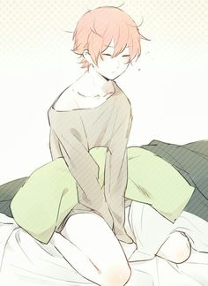 an anime character sitting on top of a bed with his legs crossed and head turned to the side