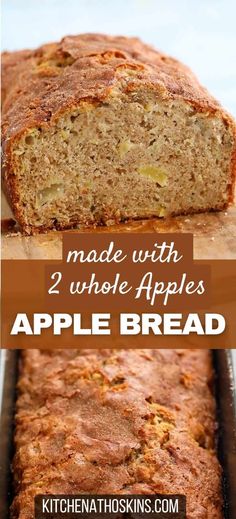 an apple bread is cut into slices and placed on a cutting board with the words made with 2 whole apples