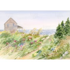 a watercolor painting of a house on the beach with trees and flowers in front of it