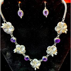 This Beautiful, Solid Sterling Silver Hibiscus Necklace With Pearls Is Accented With Triple A Grade, Amethyst, Oval Gems. This Is A Showstopper! The Sterling Silver Amethyst Earrings Are A Nice Accent With This Amazing Necklace. Hibiscus Necklace, Necklace With Pearls, Amethyst Necklace, Amethyst Earrings, Dream Jewelry, Hibiscus, Womens Jewelry Necklace, Amethyst, Jewelry Necklaces