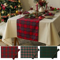 the table is set for christmas dinner with red and green plaid napkins on it