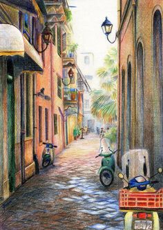 a drawing of an alleyway with scooters and motorcycles