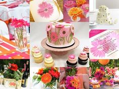 a collage of pictures with flowers and cakes