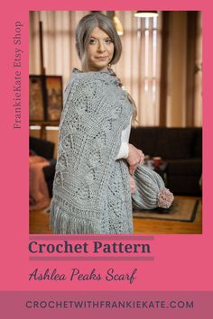 a woman wearing a gray shawl with text overlay that reads crochet pattern