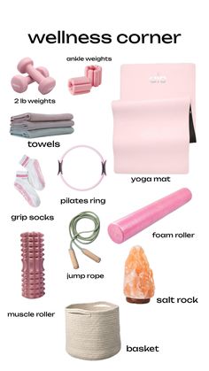 the contents of a pink yoga kit