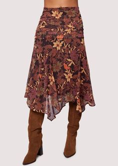 The Wild Bergamot Midi Skirt features a gracefully pleated low waistline and a whimsical handkerchief hem, adding a touch of charm to any ensemble. Elevate your style with this midi skirt, perfect for making a chic statement this season!   Style # WSWS06289 Imported Model is 5 ft 9 inches; Bust: 32", Waist: 23.5", Hips Trendy Midi Skirt Outfits, Wild Bergamot, Hozier Concert, Handkerchief Hem Skirt, Midi Skirt Outfit, Retro Skirt, Mid Skirt, Tiered Midi Skirt