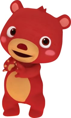 a red teddy bear with big eyes holding something in one hand and smiling at the camera