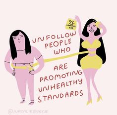 two women in pink dresses are measuring their waists and the words, unfollow people who are promoting unhealthy standards