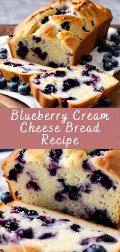 blueberry cream cheese bread is sliced and ready to be eaten