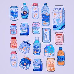 a bunch of different types of milks and drinks on a white surface with blue background