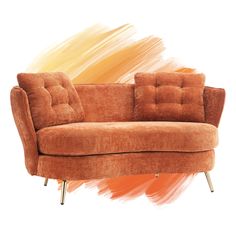 Quick Glance: Design: Contemporary Tufted Velvet Tub Barrel Loveseat Sofa. Features: Luxurious Velvet Upholstery, Golden Metal Legs, Space-Saving Design. Customization: Choose from a range of hues for a personalized touch. House Sunroom, Loveseat Futon, Compact Sofas, Velvet Cloth, Apartment Small, Bedroom Orange