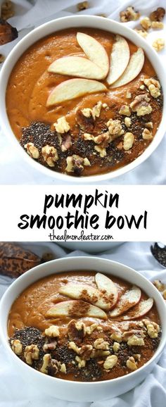 pumpkin smoothie bowl with apples and walnuts in it