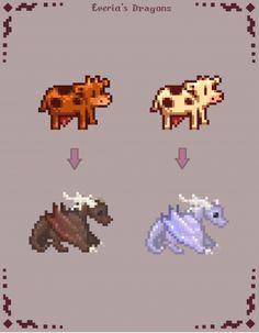 four different types of animals are shown in this pixel art video game screen graber