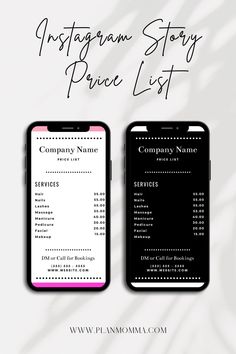 the instagramm story price list is displayed next to an iphone and another phone