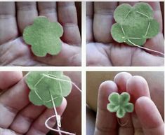 four pictures showing how to make a shamrock