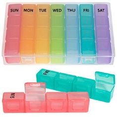 four plastic storage containers with different colored lids