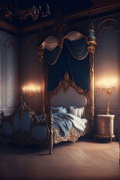 an ornately decorated bedroom with chandelier and bed