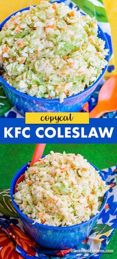 two blue bowls filled with coleslaw salad on top of a colorful table cloth