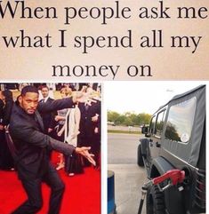 a man in a suit and tie standing next to a jeep with people asking me what i spend all my money on